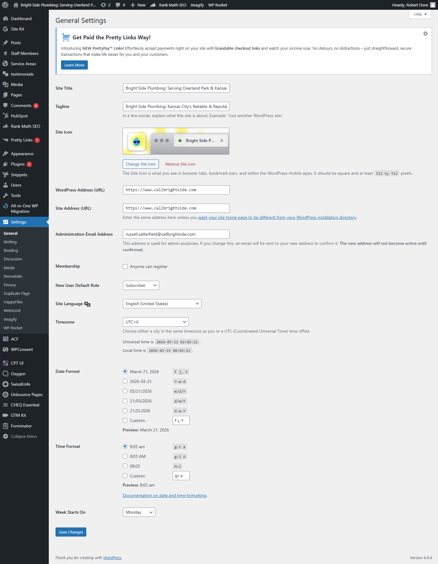 WordPress General Settings showing russell.satterfield as admin email